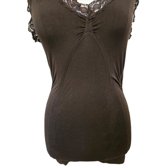 Vintage Y2K Dark Brown Lace Tank Top Stretch Fitted Ruched Bella Swan Layering M - Picture 7 of 9